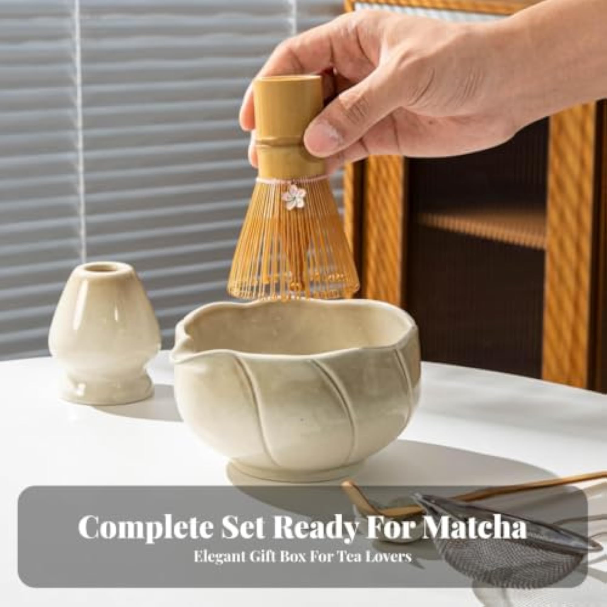 Japanese Powdered Green Tea Set with Whisk Holder
